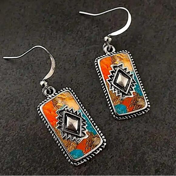 Silver Western Motif Aztec Boho Dangle Earrings - Picture 4 of 6